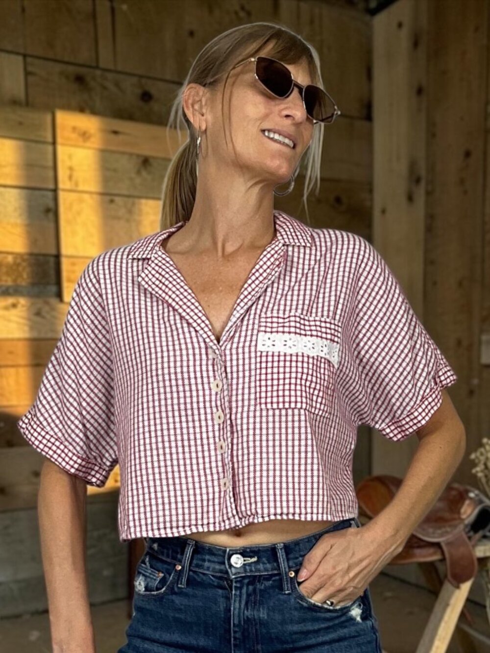 Anthropologie Gingham Boxy Pajama Top Shirt S Red Sleepwear